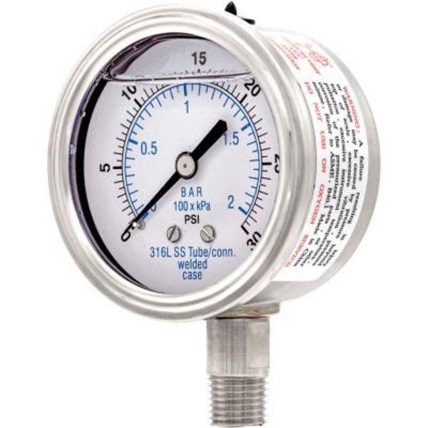 Engineered Specialty Products, Inc PIC Gauges 2.5" All Stainless Pressure Gauge, 1/4" NPT, 0/30 PSI, Glycerine Filled, LM, 301L-254C 301L-254C